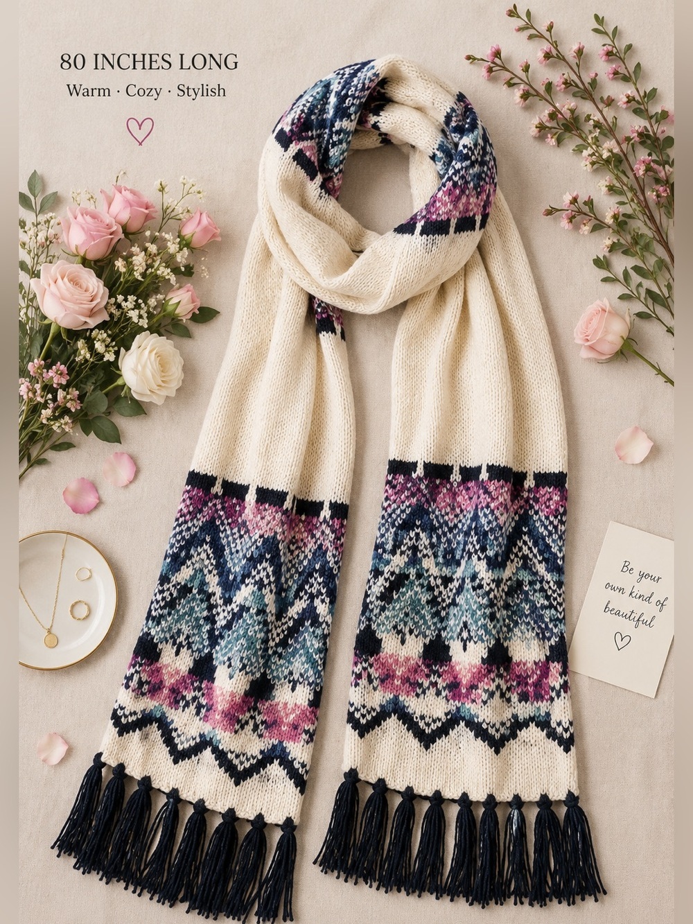 NWT Old Navy Fair Isle Knit Scarf Ivory with Pink Blue and Green 80 Inches